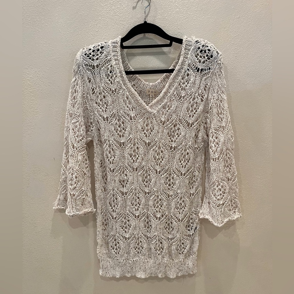 POL Crème Crochet Knit V-Neck Sweater size L